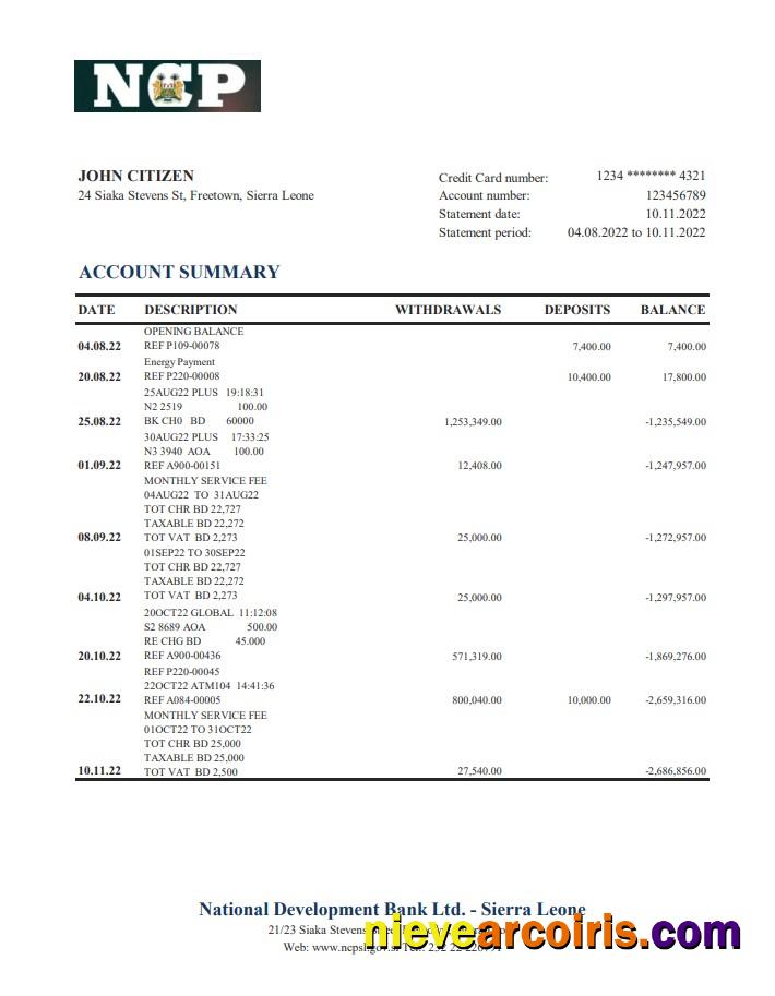 Sierra Leone National Development Bank statement xls